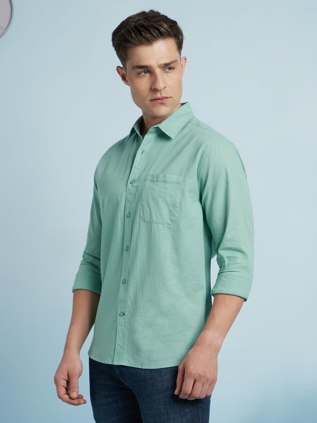 Dennis Lingo Men Cotton Regular Fit Textured Shirts Sage Green