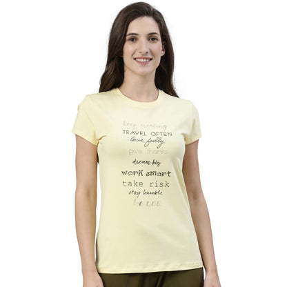 Enamor Essentials Womens Short Sleeve Crew Neck Slim Fit Breathable Stretch Cotton Tee With Graphic - E147(E147-Lemon Cream / B