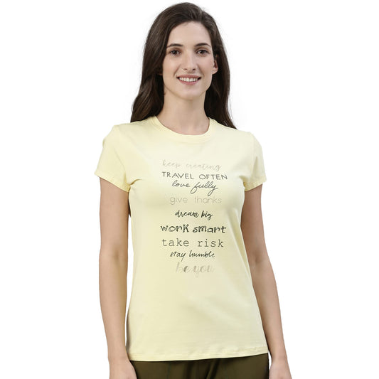 Enamor Essentials Womens Short Sleeve Crew Neck Slim Fit Breathable Stretch Cotton Tee With Graphic - E147(E147-Lemon Cream / B