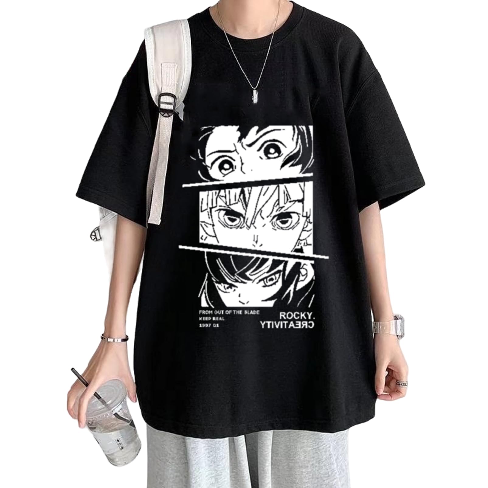 Thalasi Oversized Loose Baggy Fit Drop Shoulder Half Sleeves Pure Cotton The Original Anime Graphic Printed T-Shirt For Men Blac