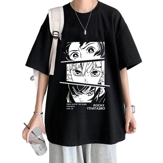 Thalasi Oversized Loose Baggy Fit Drop Shoulder Half Sleeves Pure Cotton The Original Anime Graphic Printed T-Shirt For Men Blac