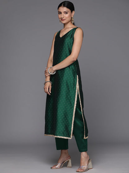 Varanga Women Green All Over Golden Buti, Sleeveless Straight Kurta Paired With Tonal Bottom And Dotted Dupatta With Four Sided