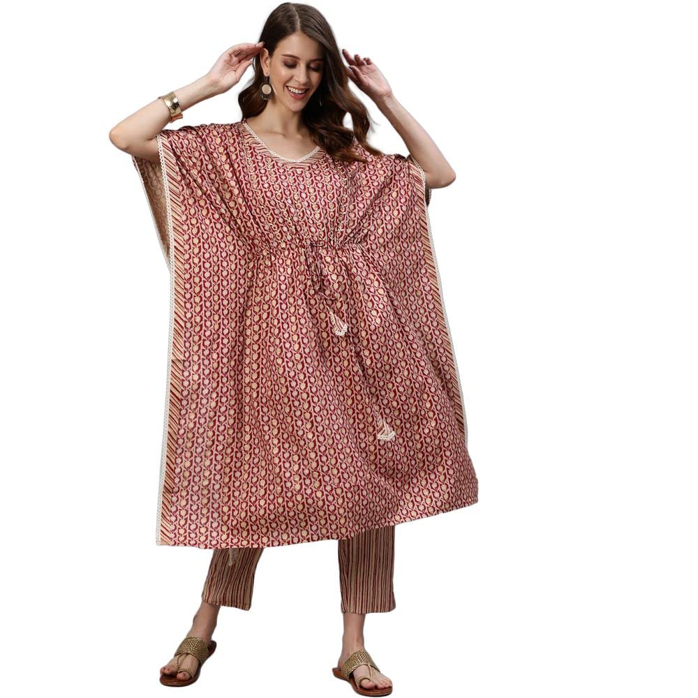 anubhutee Women's Printed Sequinned Kaftan Cotton A-Line Kurta Suit Set with Pants