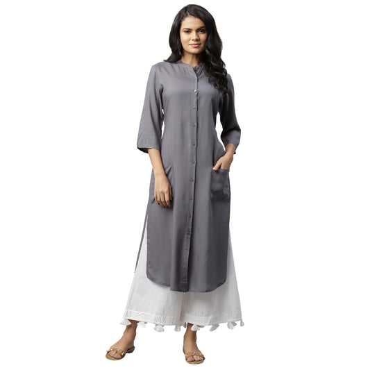 RIGO Women Grey Front Open Band Collar Straight Kurta