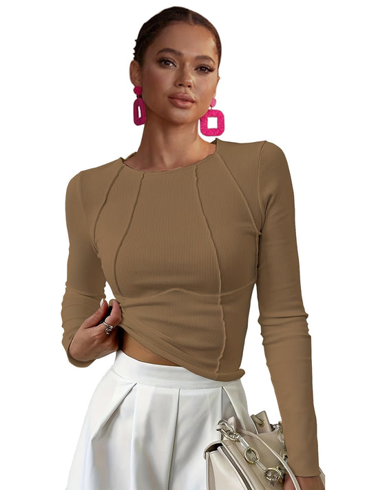 Shasmi Womens Elegant Solid Brown Solid Color Split Bust Long Sleeved Round Neck New Spring and Summer Plain Everyday Matching