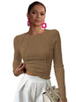 Shasmi Womens Elegant Solid Brown Solid Color Split Bust Long Sleeved Round Neck New Spring and Summer Plain Everyday Matching