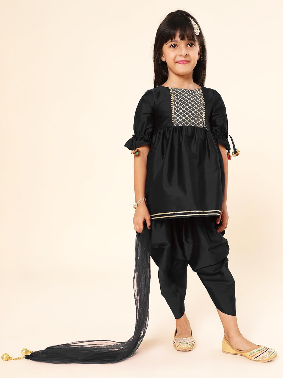 A.T.U.N. (All Things Uber Nice) Girls Pleated Gotta Patti Kurti With Dhoti Pants & Dupatta