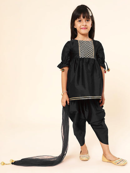 A.T.U.N. (ALL THINGS UBER NICE) Girls Pleated Gotta Patti Kurti with Dhoti Pants & Dupatta Set | Ethnic Wear Clothing Set