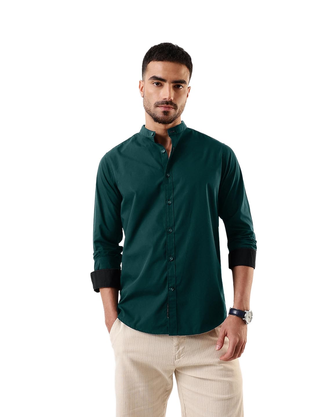 Dennis Lingo Men Bottle Green Solid Chinese Collar Full Sleeves Regular Fit Cotton Casual Shirt