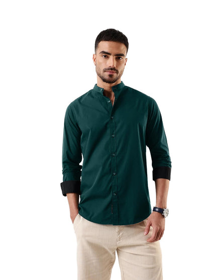 Dennis Lingo Men Bottle Green Solid Chinese Collar Full Sleeves Regular Fit Cotton Casual Shirt