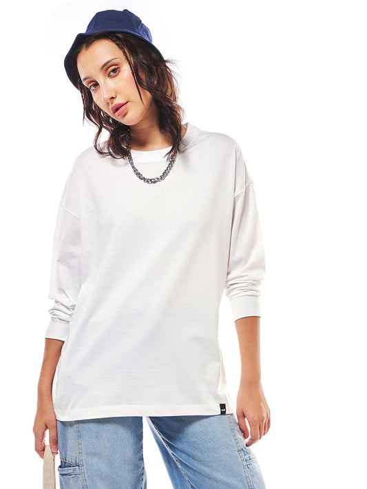 Bewakoof WomenS Solid Oversized Full Sleeve Round Neck Cotton Jersey T-Shirt_612437_White_L