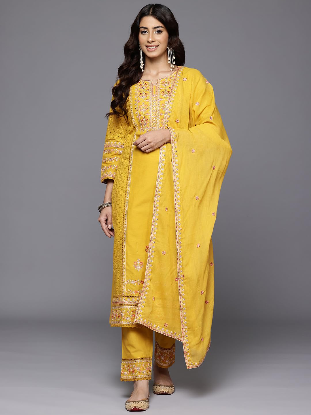 Varanga Women Yellow Floral Thread Embroidered Sequins Embellished With Lace Deatiled Kurta With Bottom And Dupatta