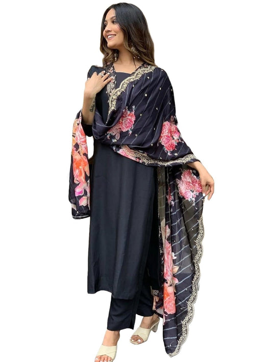 KLOSIA Women Embroidery Kurta and Pant Set with Dupatta (IN, Alpha, L, Black)