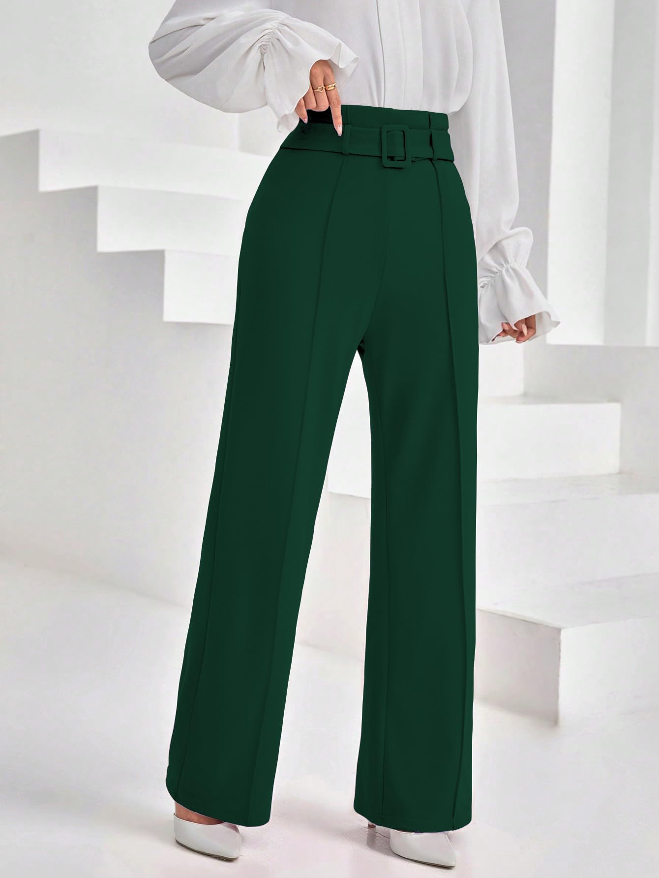 Shasmi Womens Dark Green Solid Color High Waisted Belted Toothpick Stripe Design Straight Loose Casual Women Pants, Minimalist