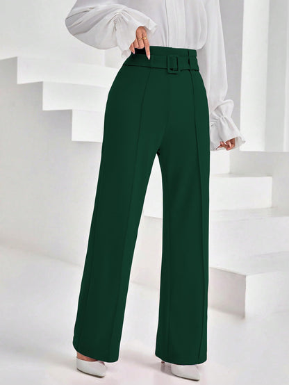 Shasmi Womens Dark Green Solid Color High Waisted Belted Toothpick Stripe Design Straight Loose Casual Women Pants, Minimalist