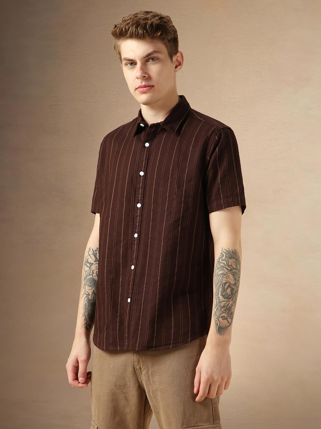 Dennis Lingo MenS Maroon Polycotton Spread Collar Short Sleeves Striped Shirts
