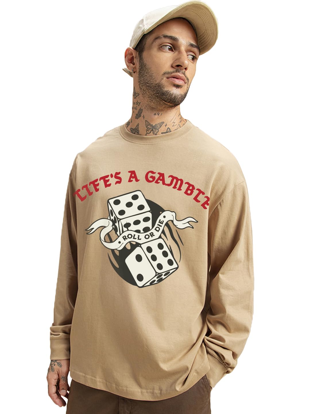 Bewakoof Mens Graphic Printed Oversized Fit Full Sleeve Round Neck Pure Cotton T-Shirt_690777_Brown_XL