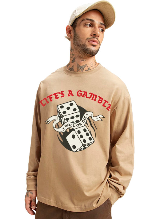 Bewakoof Mens Graphic Printed Oversized Fit Full Sleeve Round Neck Pure Cotton T-Shirt_690777_Brown_XL