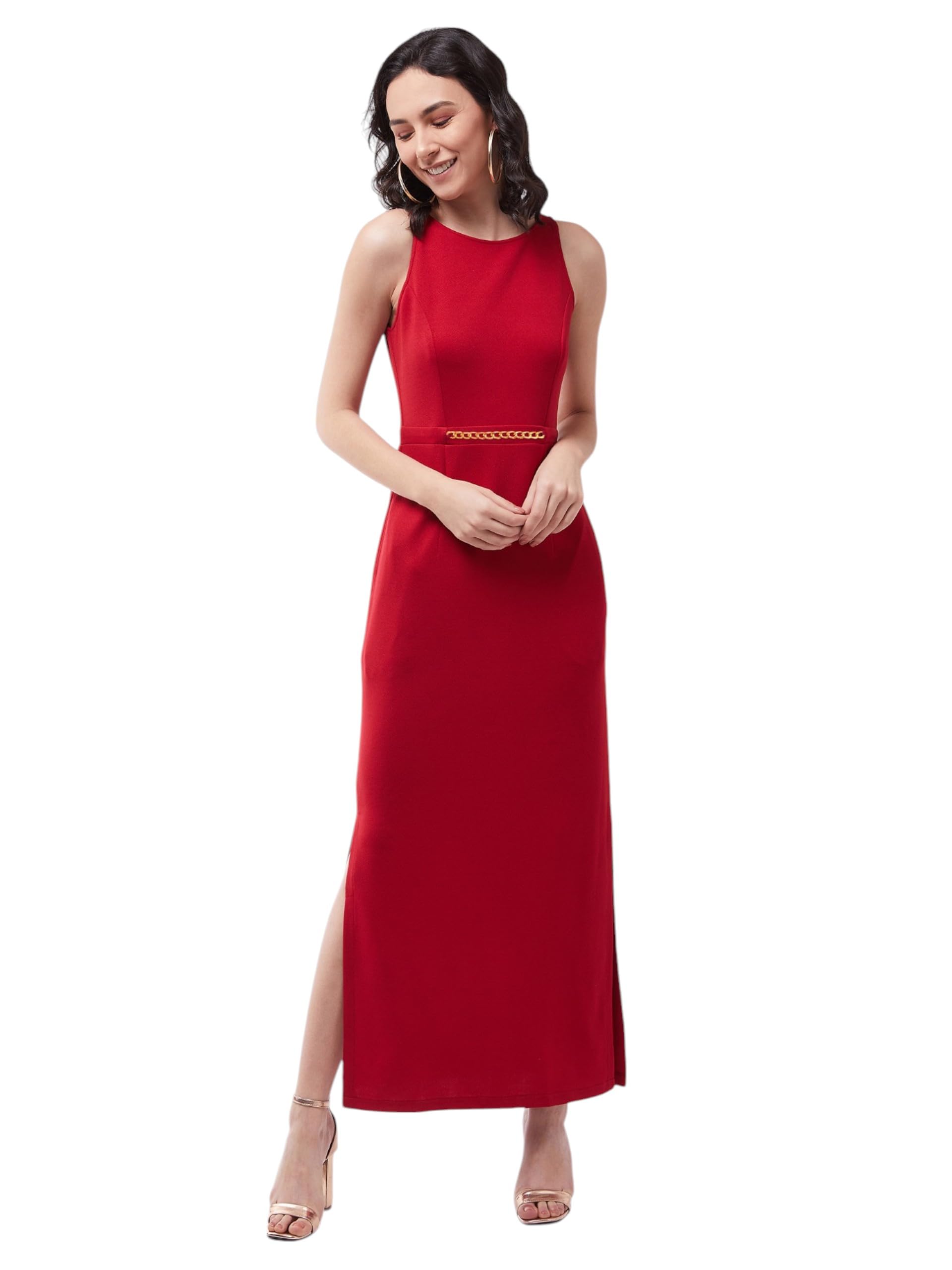 Miss Chase Womens Slim Fit Round Neck Sleeveless Dress (MCSS25D93-12-235-03, Cherry Red, S)