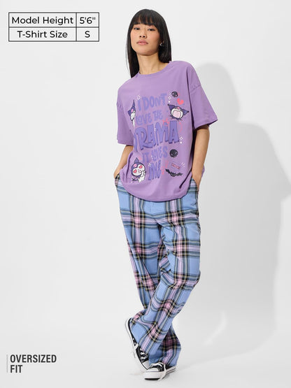 The Souled Store Official Hello Kitty: Drama Queen Women and Girls Short Sleeve Round Neck Printed Cotton Oversized T-Shirts Pur