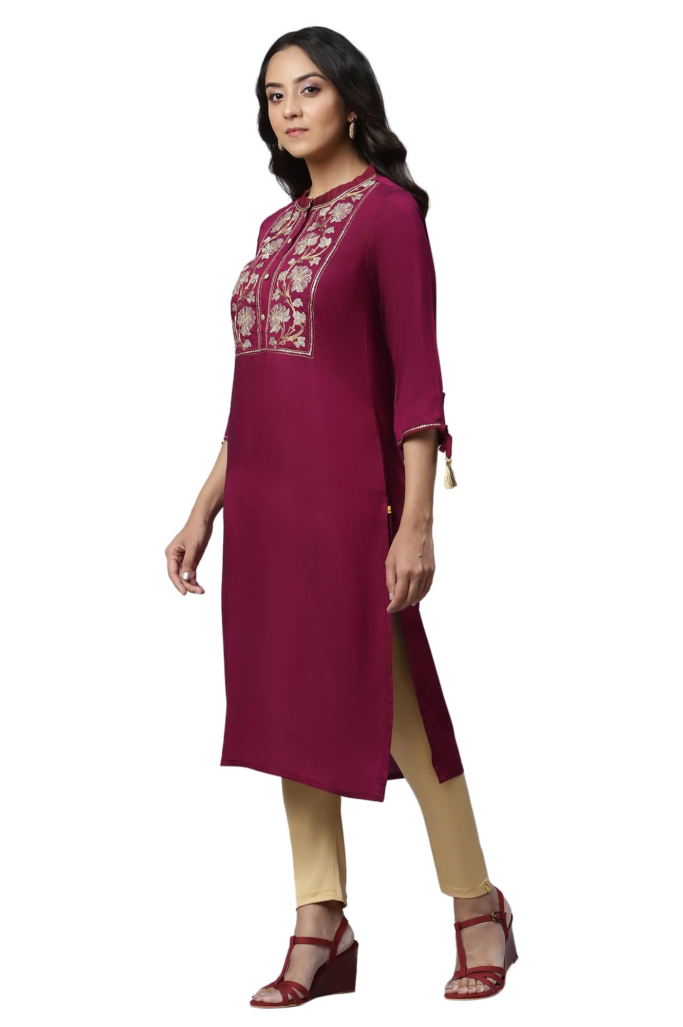 Aurelia Women's Viscose Fuschia Solid Band Collar Straight Kurta