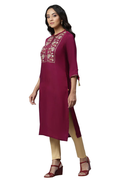 Aurelia Women's Viscose Fuschia Solid Band Collar Straight Kurta