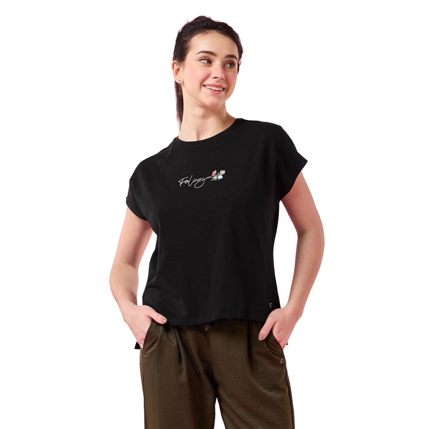 Enamor Womens Solid Relaxed Fit T-Shirt (E3G7_JetBlack Feeling