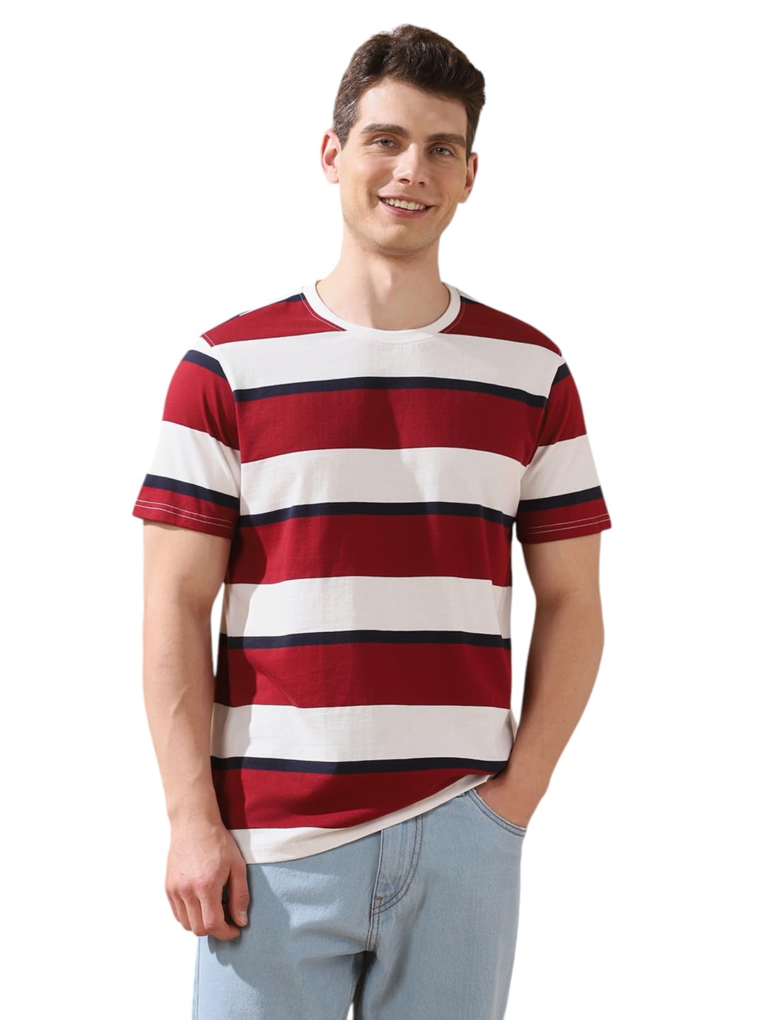 Dennis Lingo Men Cabernet Stripes Round Neck Half Sleeves Regular Fit T-Shirts