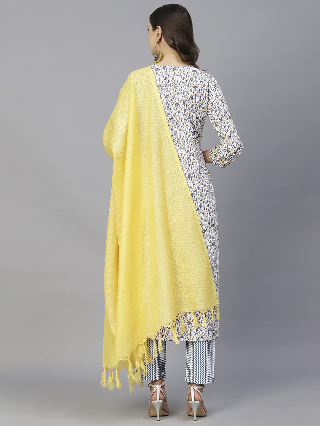 GoSriKi Women's Cotton Blend Straight Kurta with Pant & Dupatta (MURHAR-Yellow-CMD-GS)