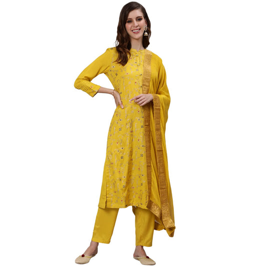 ishin Women's Silk Blend Embroidered Zari Yellow Floral Print A-Line Kurta suit set With Dupatta & Trouser