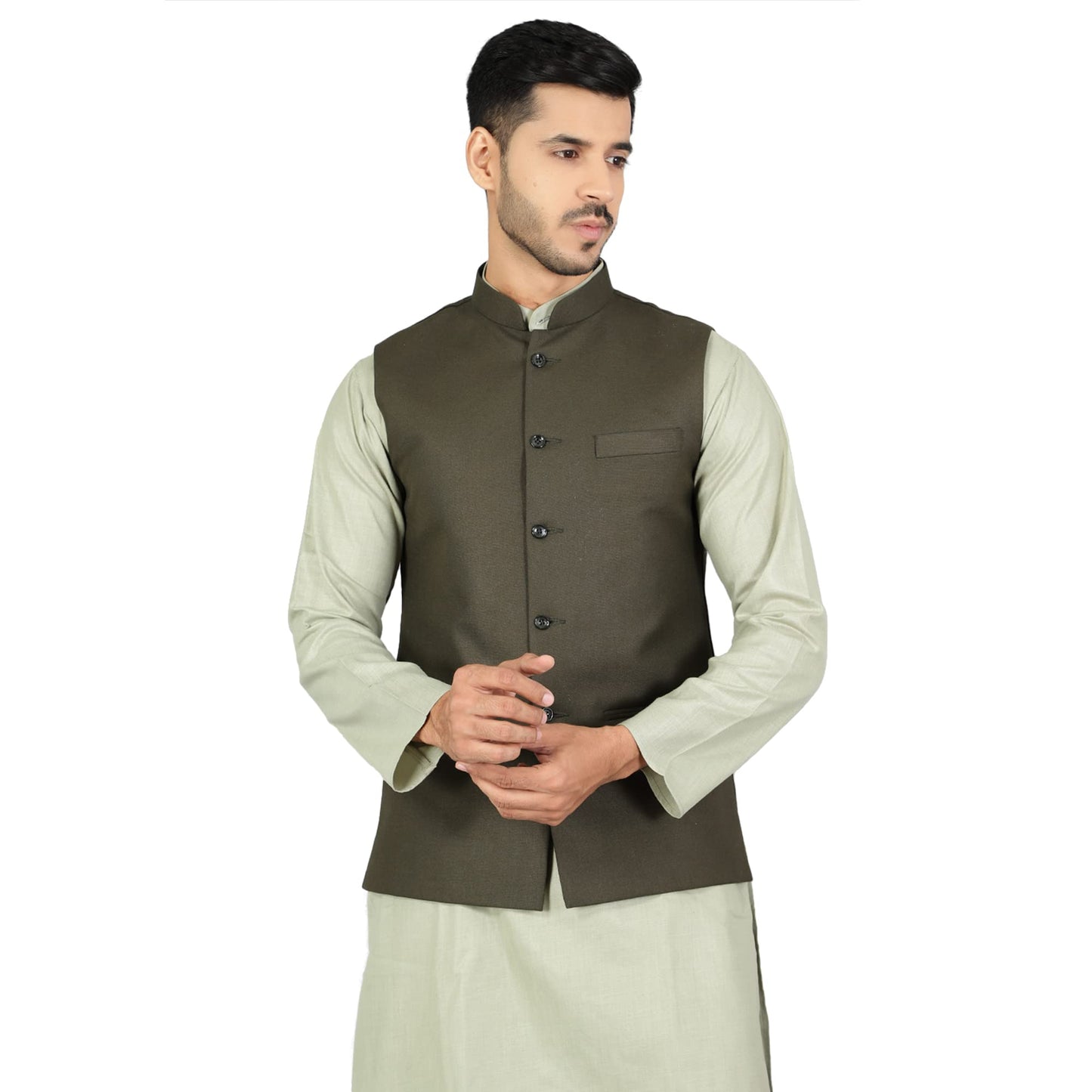 WINTAGE Mens Polyester Cotton Plain Green Modi Nehru Jacket : 42/L