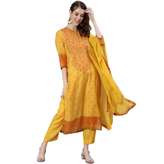 ishin Women's Pure Silk Embroidered Zari Mustard Bandhani Print Straight Kurta suit set With Dupatta & Trouser