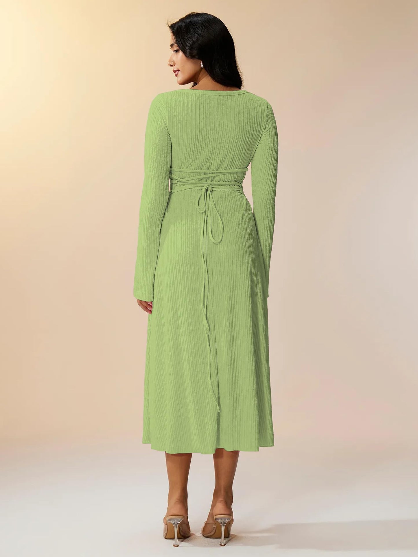 Shasmi Womens Green Square Neck A-Line Dress  Long Sleeve, Tie Waist, Knitted Stretchable, Casual & Office Outfit, Solid Winter