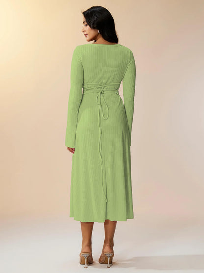 Shasmi Womens Green Square Neck A-Line Dress  Long Sleeve, Tie Waist, Knitted Stretchable, Casual & Office Outfit, Solid Winter