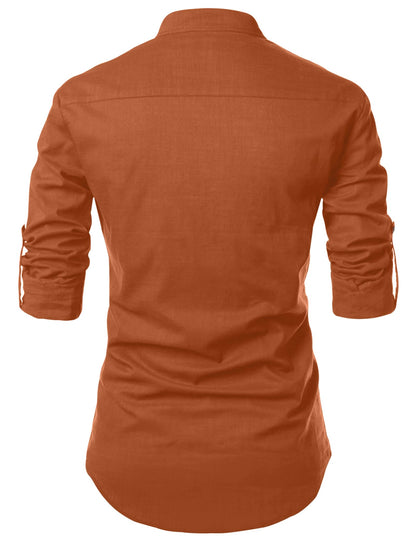 Zombom MenS Solid Cotton Blend Casual Regular Fit Mandarin/Chinese Collor Full Sleeve Kurta Shirt For Men Brown
