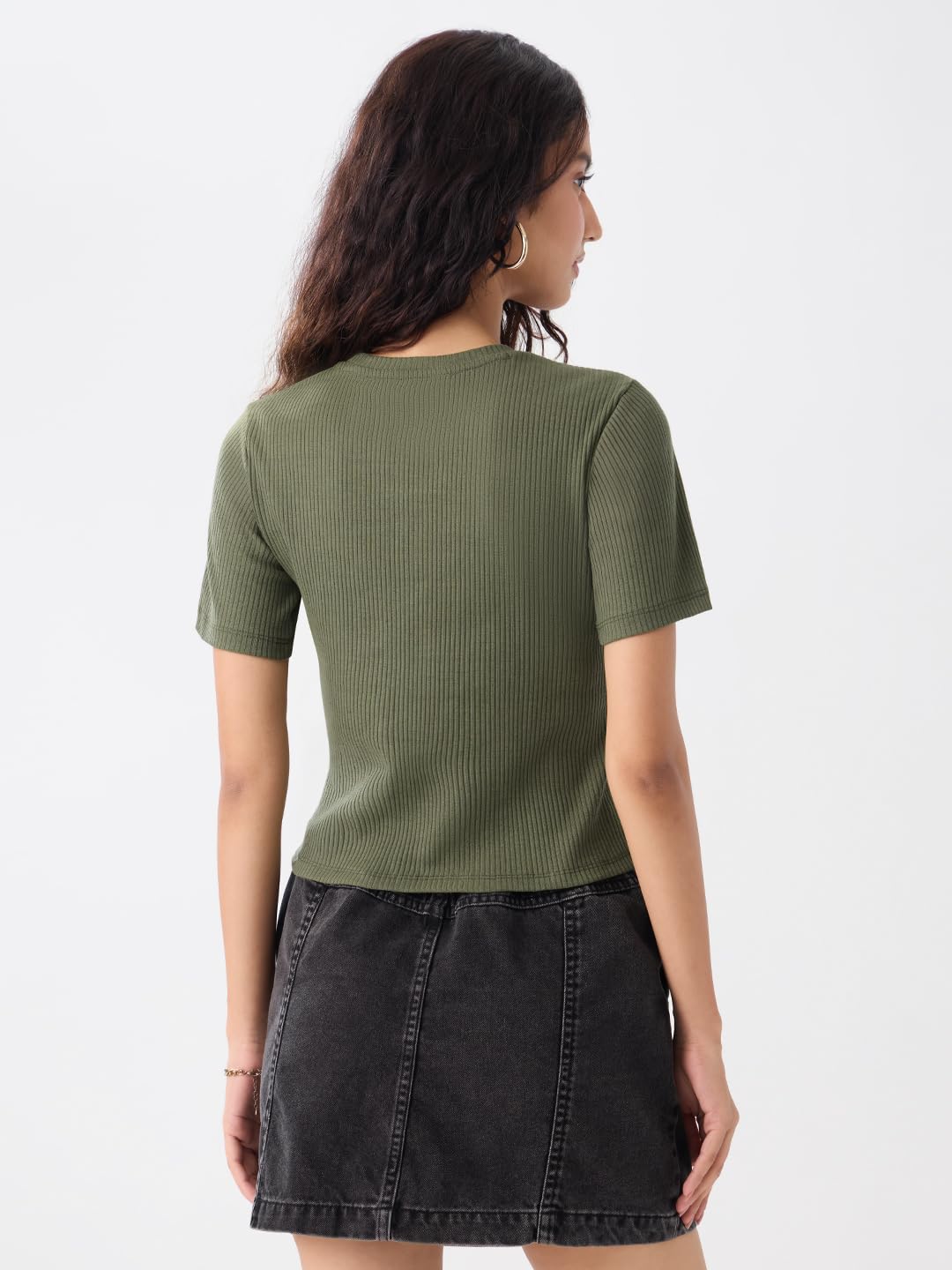 The Souled Store Ribbed T-Shirt: Olive Women and Girls Short Sleeves Round Neck Polyester Blend Regular Fit T-Shirts