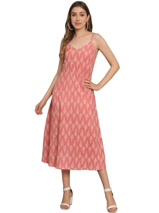 Peppyzone Women'S Handblock Printed Sleeveless Shoulder Strip Cami Dress