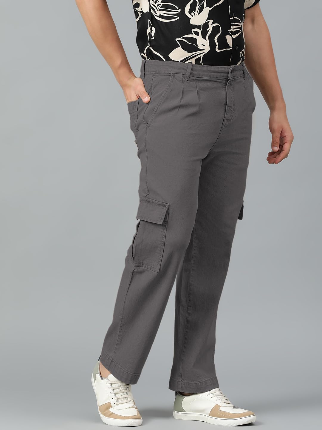 Kotty MenS Solid Mid Rise Straight Fit Stylish Looking Cargo Jeans(Grey,28)