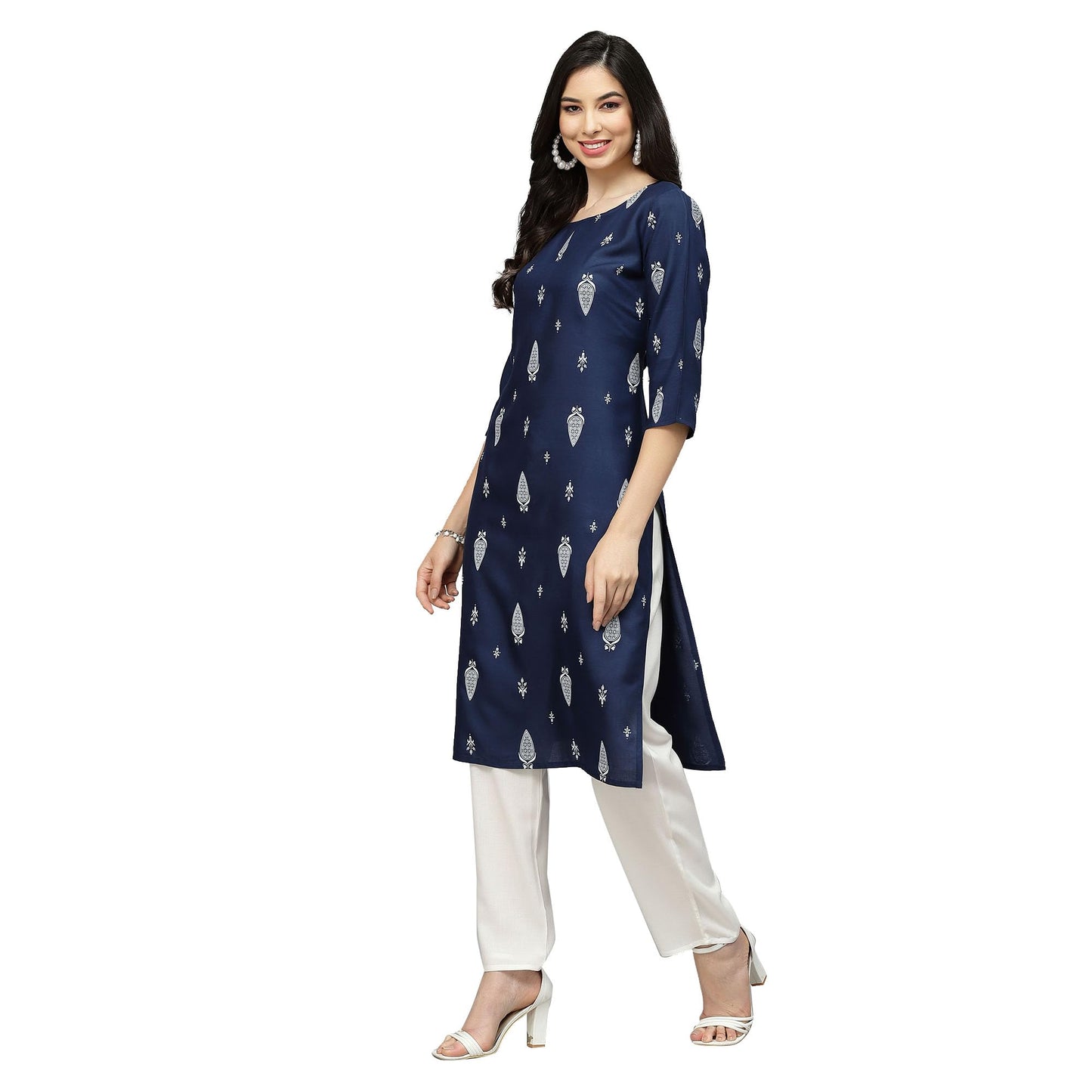 Stylum Women's Printed Rayon Straight Kurta (Navy Blue)