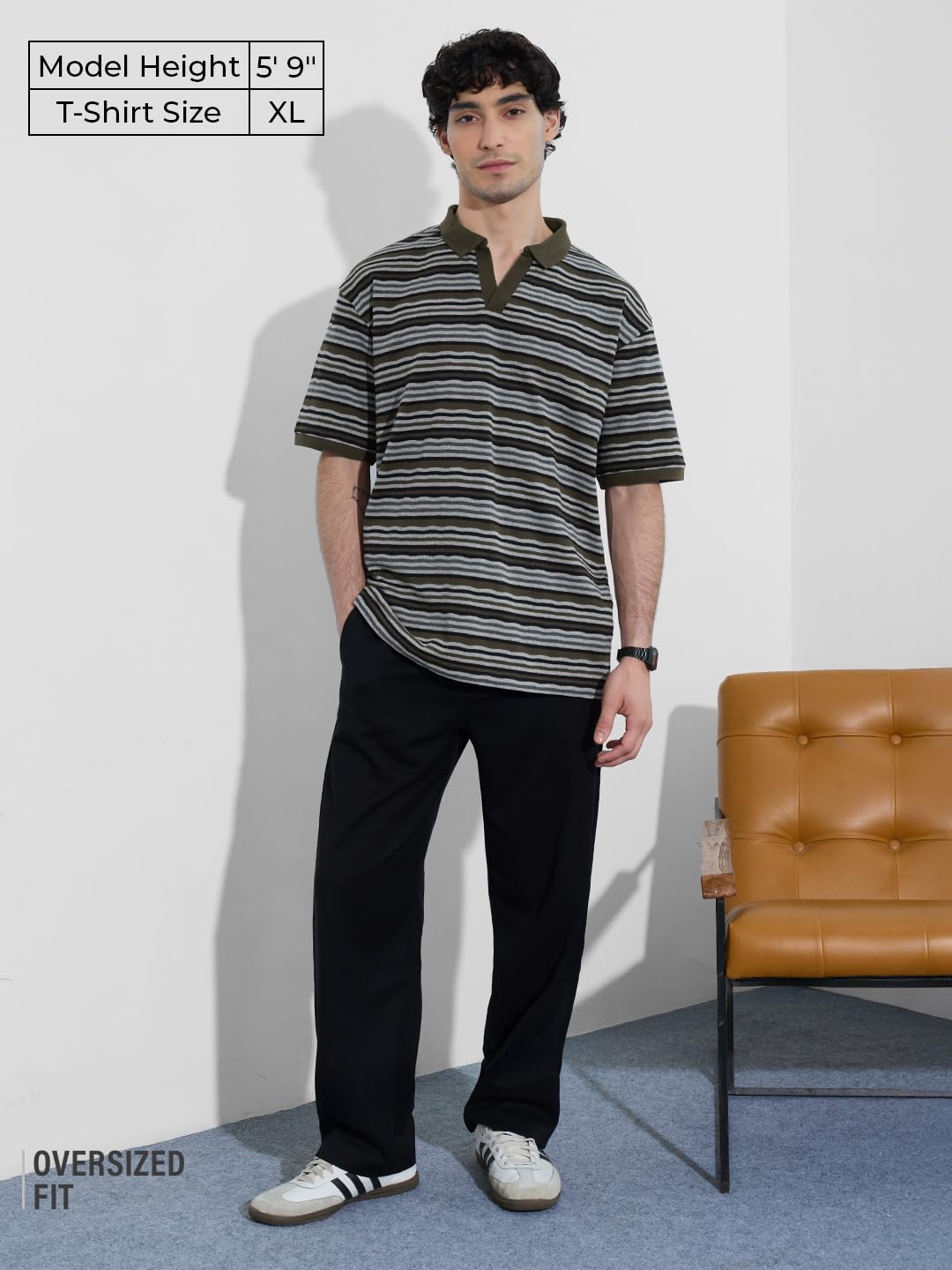 The Souled Store Textured T-Shirt: Olive Timber Men and Boys Short Sleeves Polo Collar Olive Striped Cotton Oversized T-Shirts