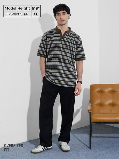 The Souled Store Textured T-Shirt: Olive Timber Men and Boys Short Sleeves Polo Collar Olive Striped Cotton Oversized T-Shirts