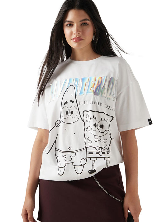 Bewakoof Official Spongebob Merchandise Womens Graphic Print Oversized Fit Half Sleeve Round Neck Cotton Jersey T-Shirt_649878_