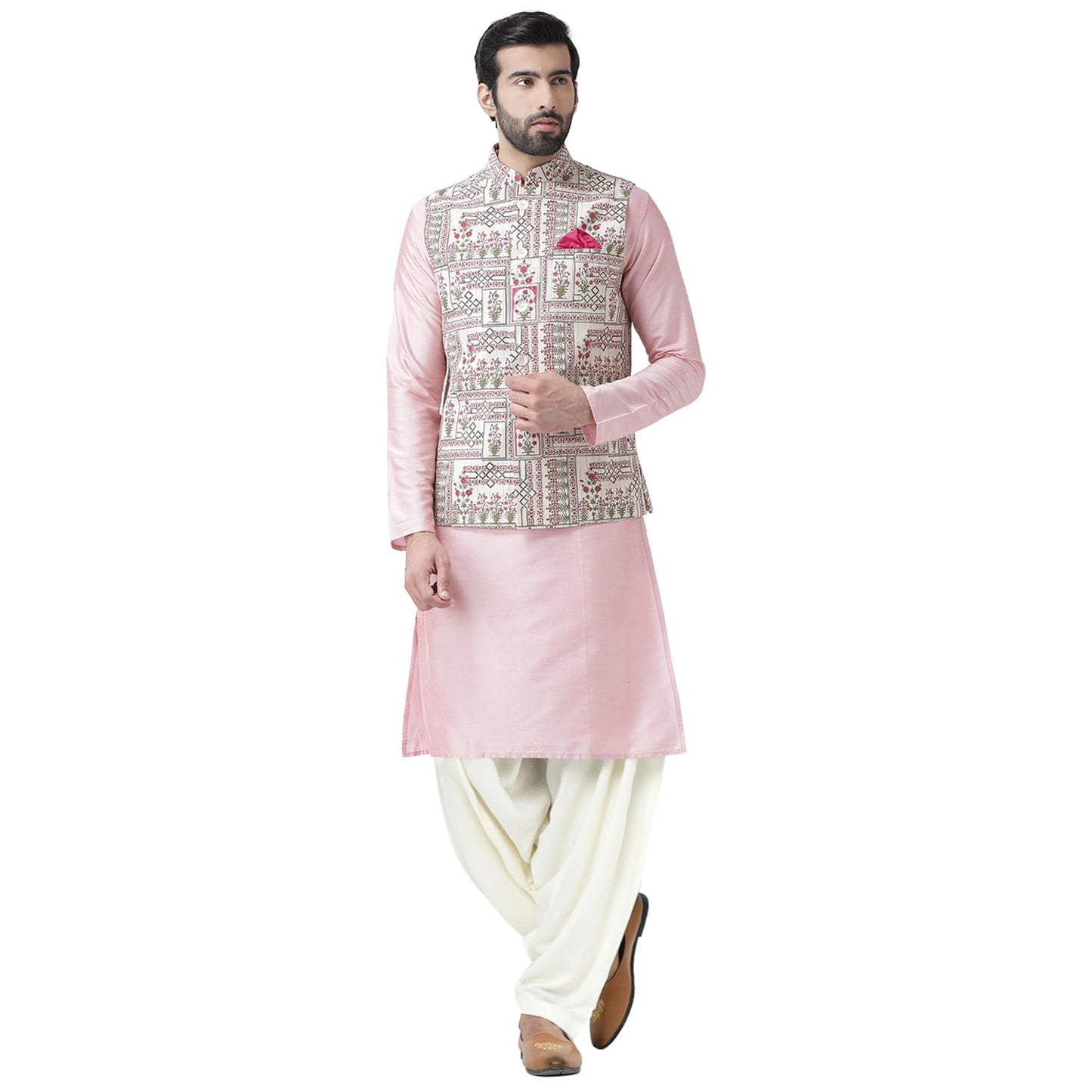 Kisah Men Pink Kurta With Pyjamas With Nehru Jacket, Full Sleaves, Knee Length, Straight, Regular Fit, Mandarin Collar Ethnic We
