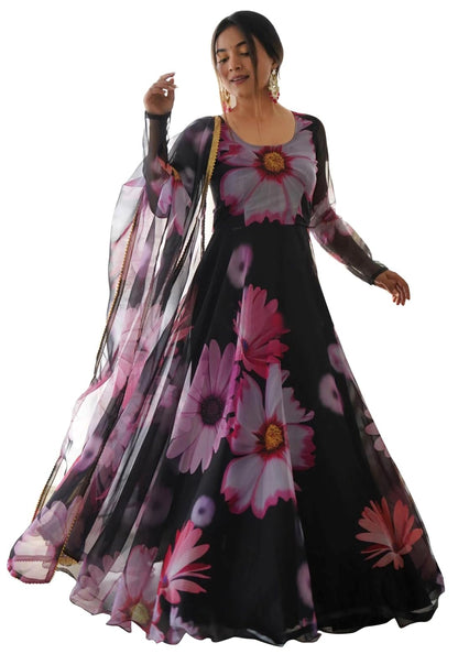 Shasmi Womens Stylish Floral Printed Black Orgenza Anarkali Dress Gown, Kurta with Dupatta Set Anarkali Floral Printed Gown wit