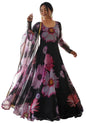 Shasmi Womens Stylish Floral Printed Black Orgenza Anarkali Dress Gown, Kurta with Dupatta Set Anarkali Floral Printed Gown wit