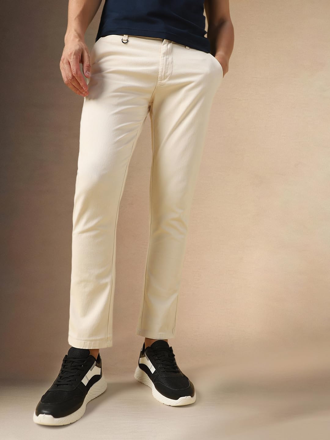 Dennis Lingo Mens Cream Solid Cotton Straight Fit Chinos
