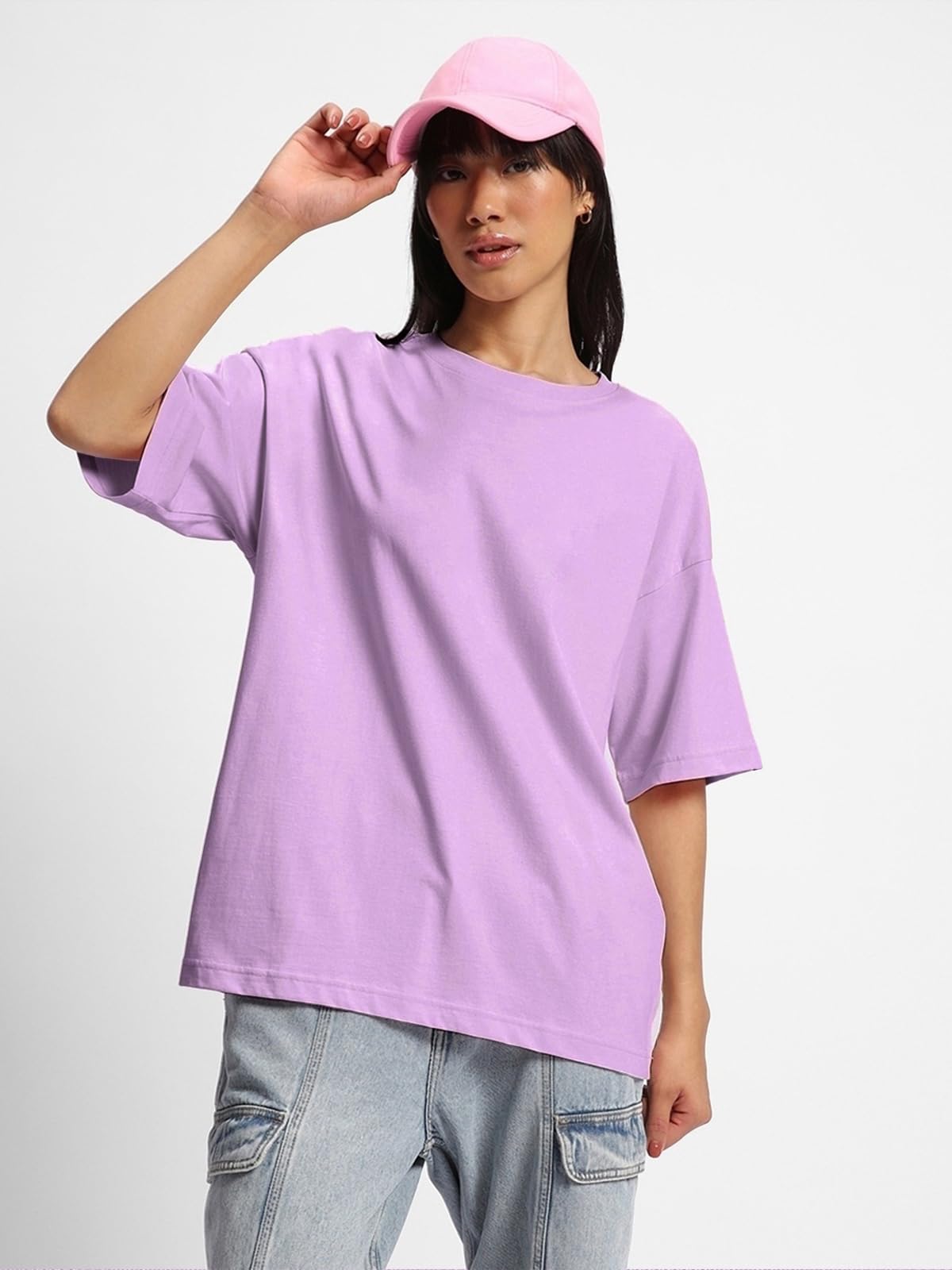 Juneberry Pure Cotton Round Neck Half Sleeve Oversized Baggy Fit Drop Shoulder Back Printed Purple T-Shirt For Women (Os_J_Imchl