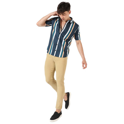 Campus Sutra Mens Blue Striped Button Up Collared Regular Fit Shirt for Casual Wear | Shirt Crafted with Regular Sleeve, Comfor