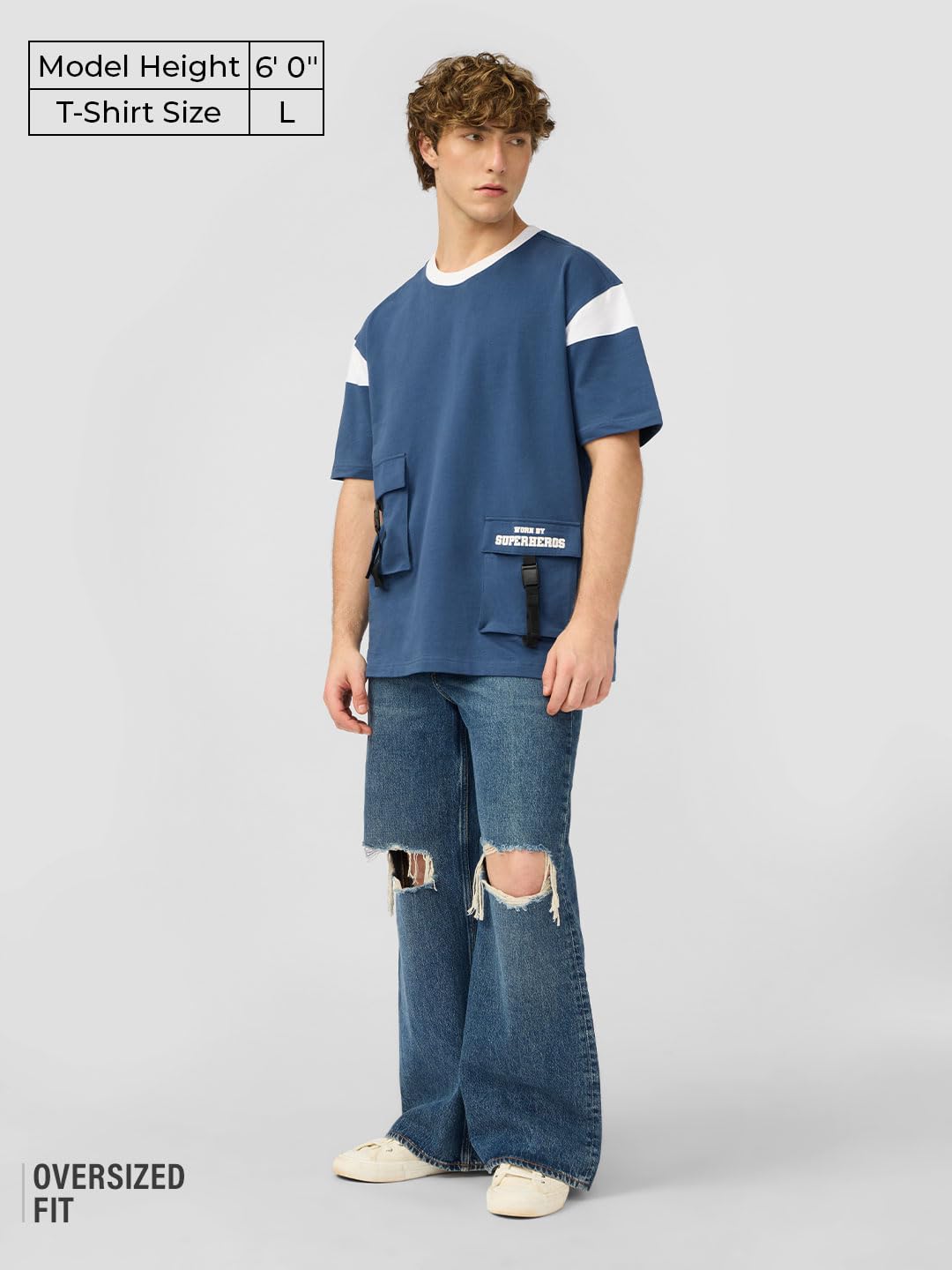 The Souled Store Utility T-Shirt: Pacific Men and Boys Short Sleeves Round Neck Blue Solid Cotton Oversized T-Shirts
