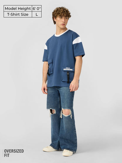 The Souled Store Utility T-Shirt: Pacific Men and Boys Short Sleeves Round Neck Blue Solid Cotton Oversized T-Shirts
